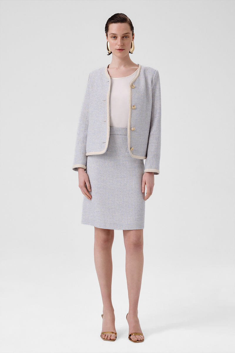 Light Blue Gold Button Tweed Women's Jacket | Msrl 1951 Global Light Blue Gold Button Tweed Women's Jacket | Msrl 1951 Global