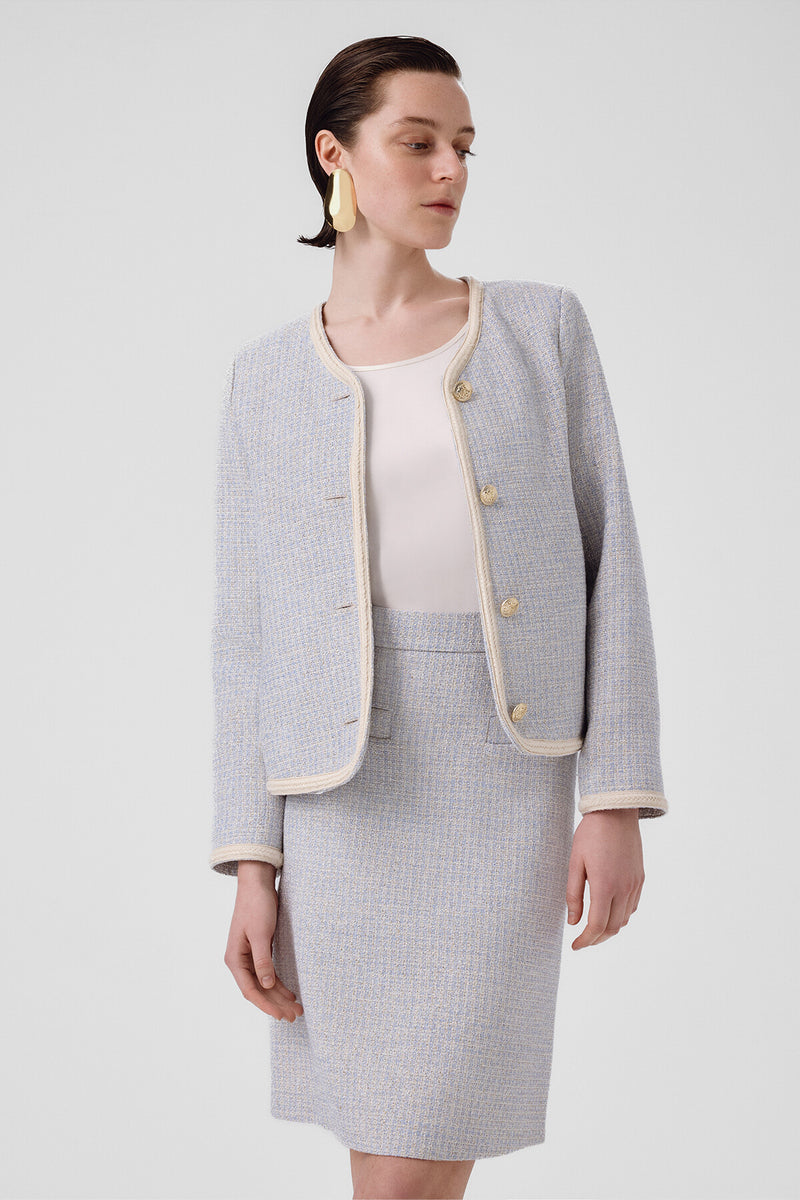 Light Blue Gold Button Tweed Women's Jacket