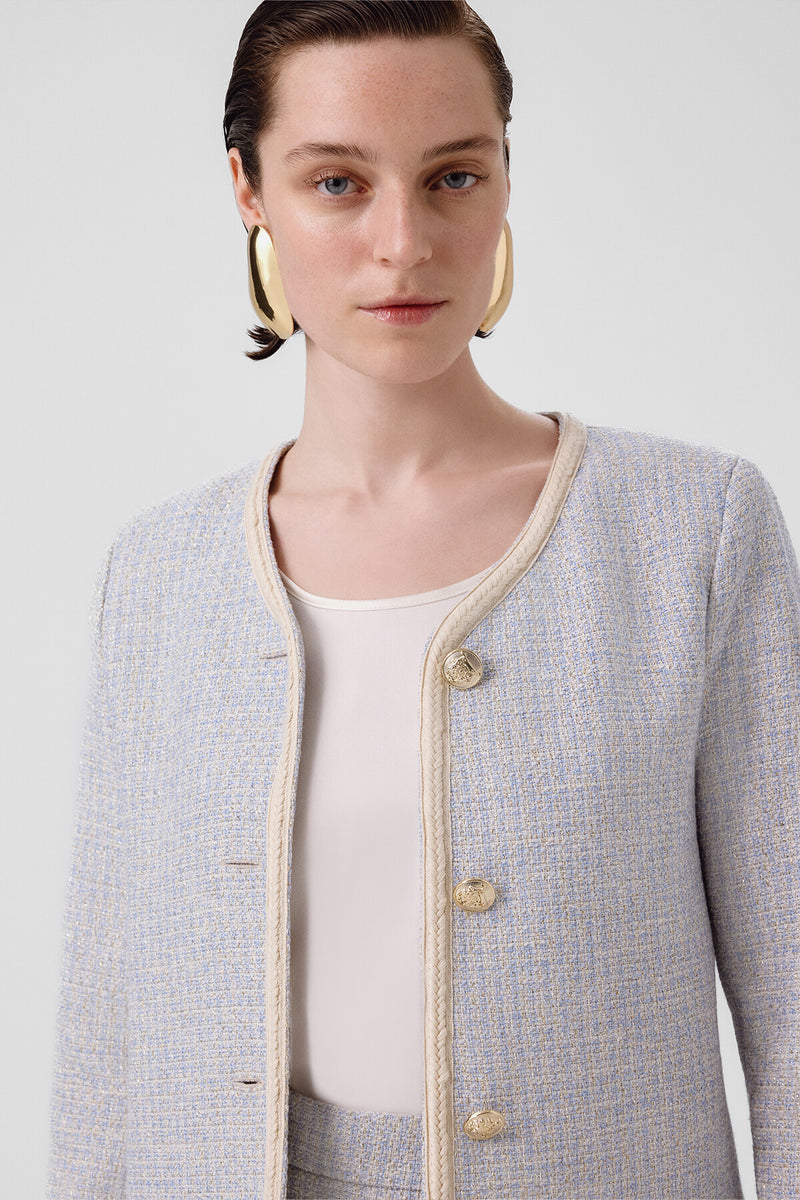 Light Blue Gold Button Tweed Women's Jacket