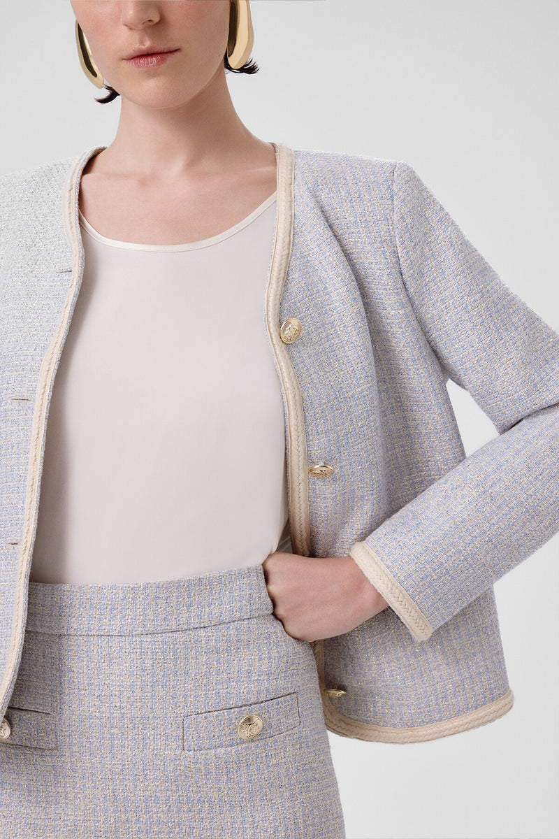 Light Blue Gold Button Tweed Women's Jacket