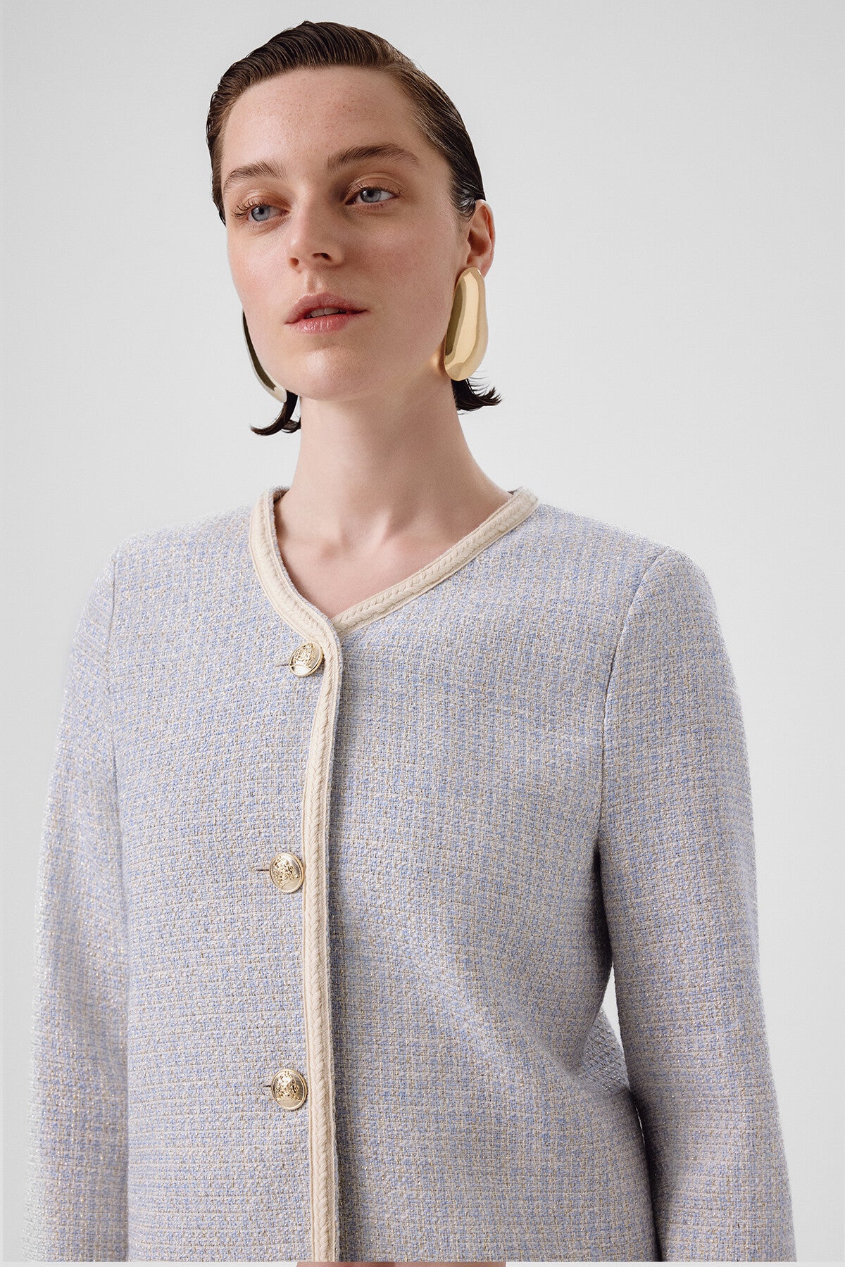 Light Blue Gold Button Tweed Women's Jacket