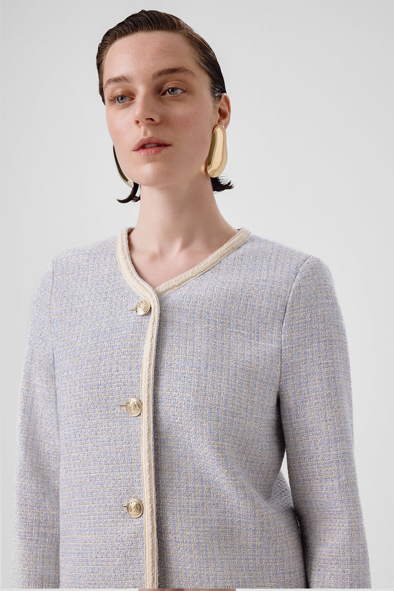 Light Blue Gold Button Tweed Women's Jacket