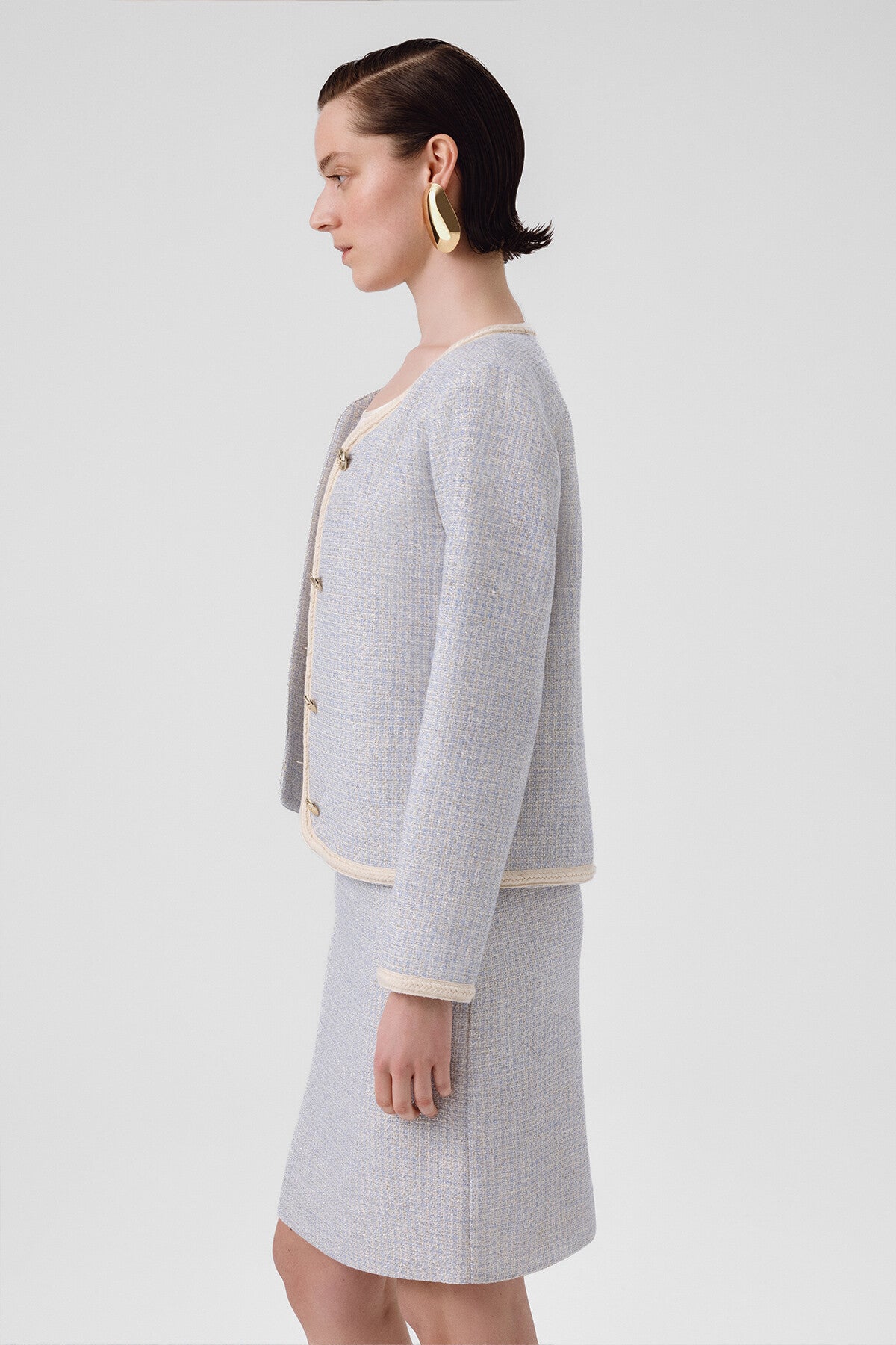 Light Blue Gold Button Tweed Women's Jacket