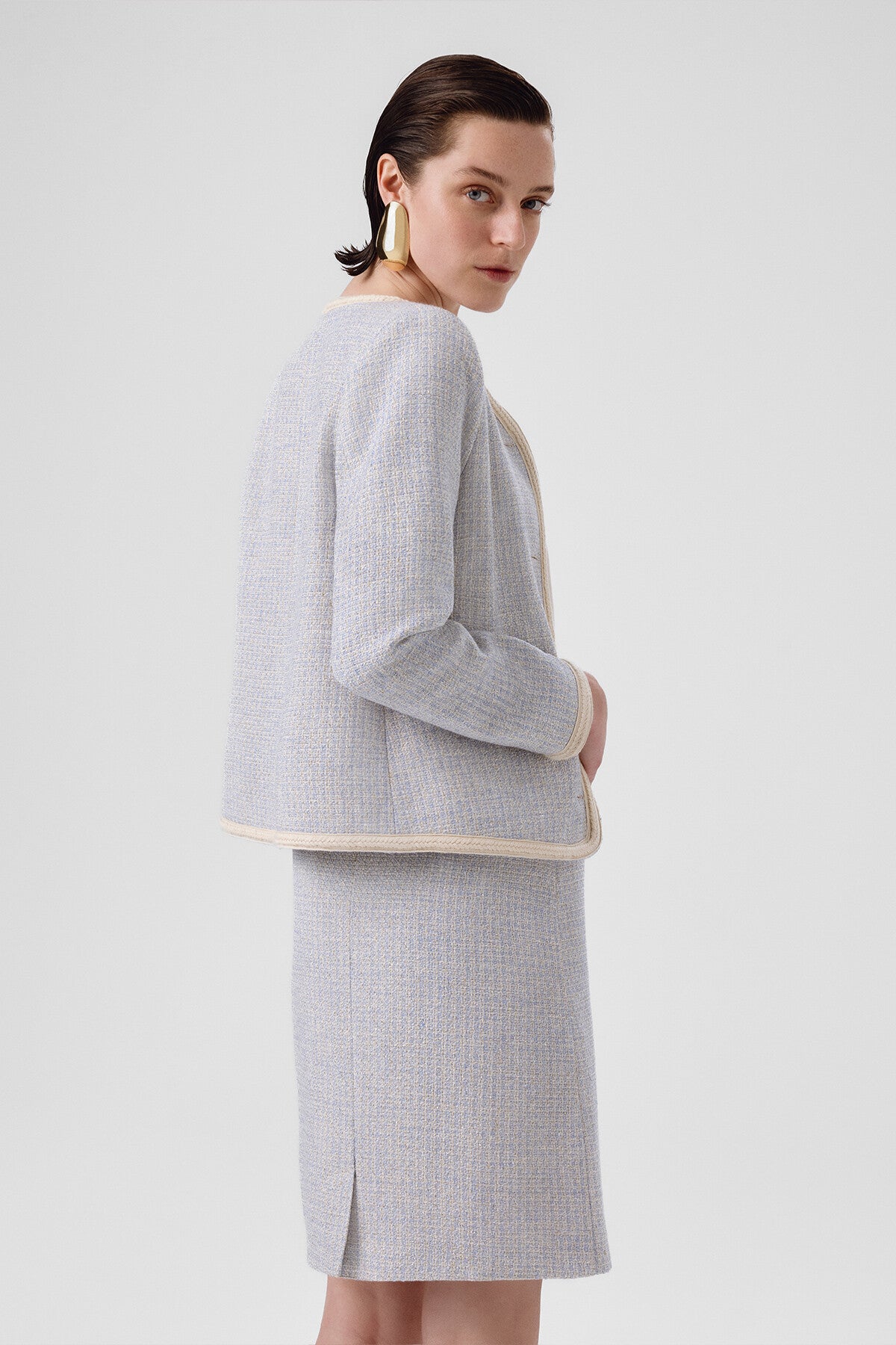 Light Blue Gold Button Tweed Women's Jacket