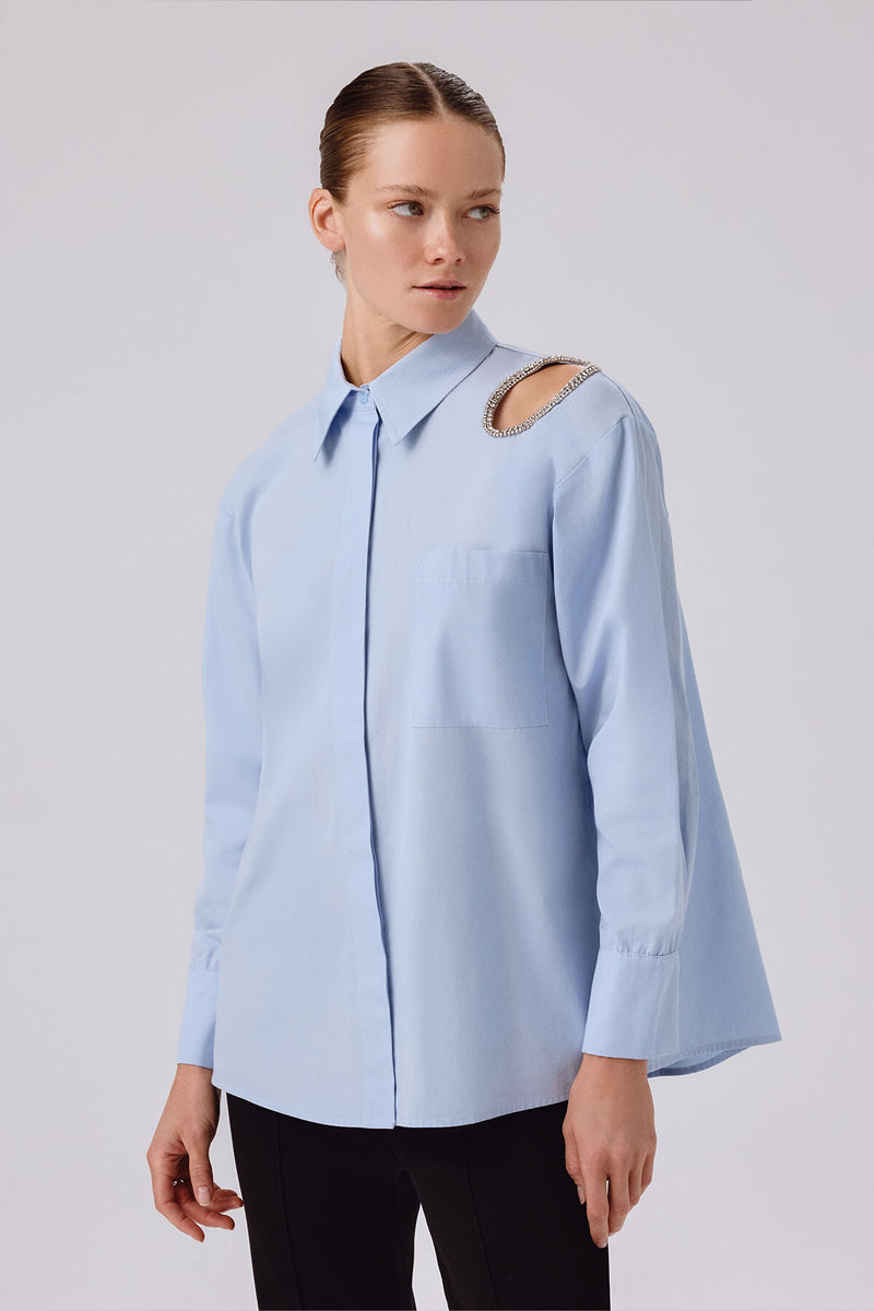 Baby Blue Stone Embroidered Oversized Women's Shirt