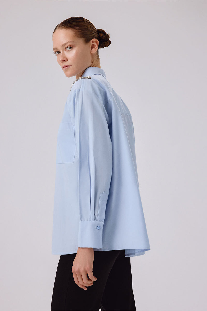 Baby Blue Stone Embroidered Oversized Women's Shirt