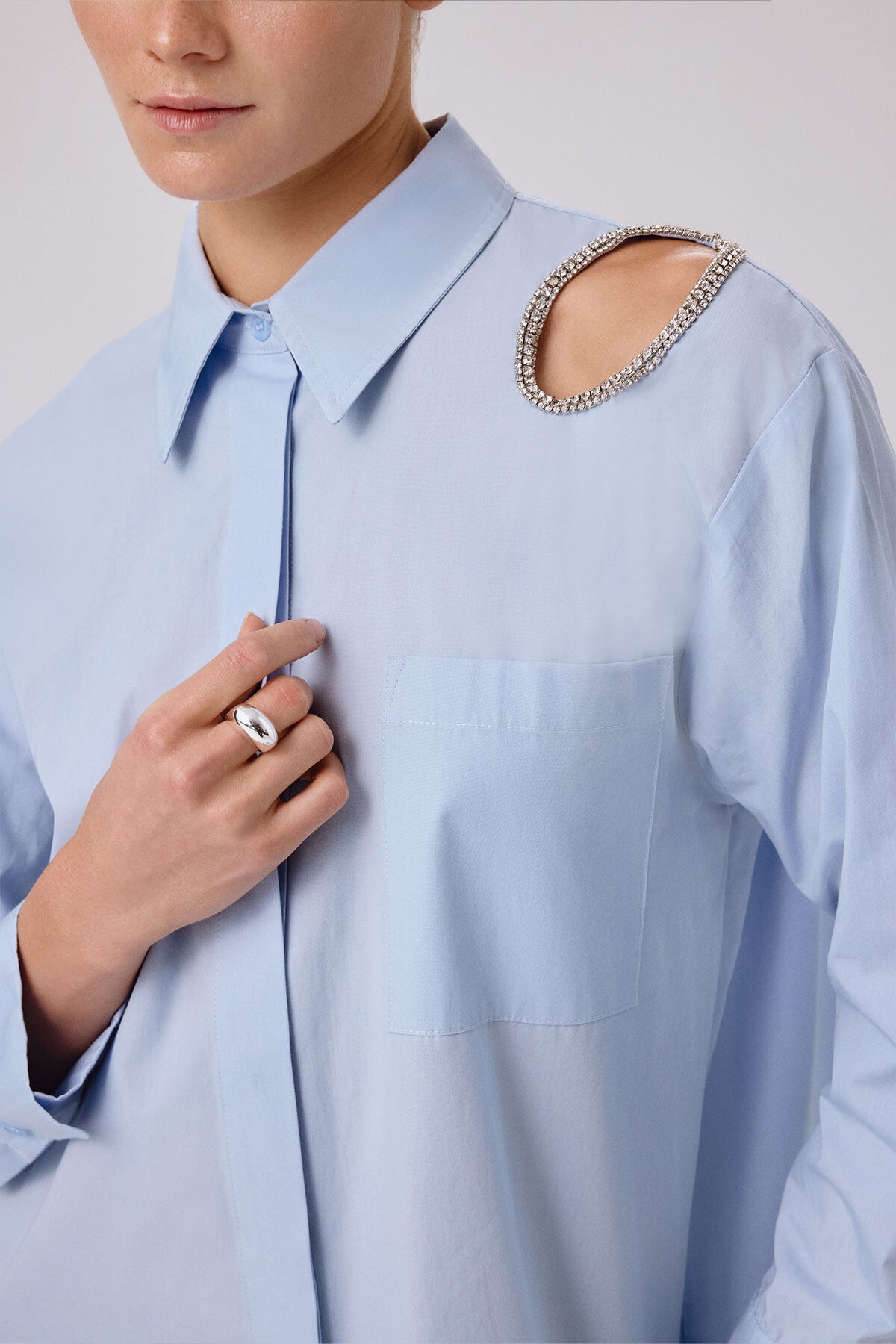 Baby Blue Stone Embroidered Oversized Women's Shirt