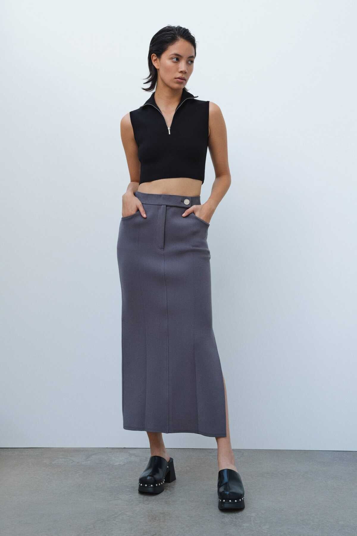Anthracite Slit Detail Long Knit Skirt