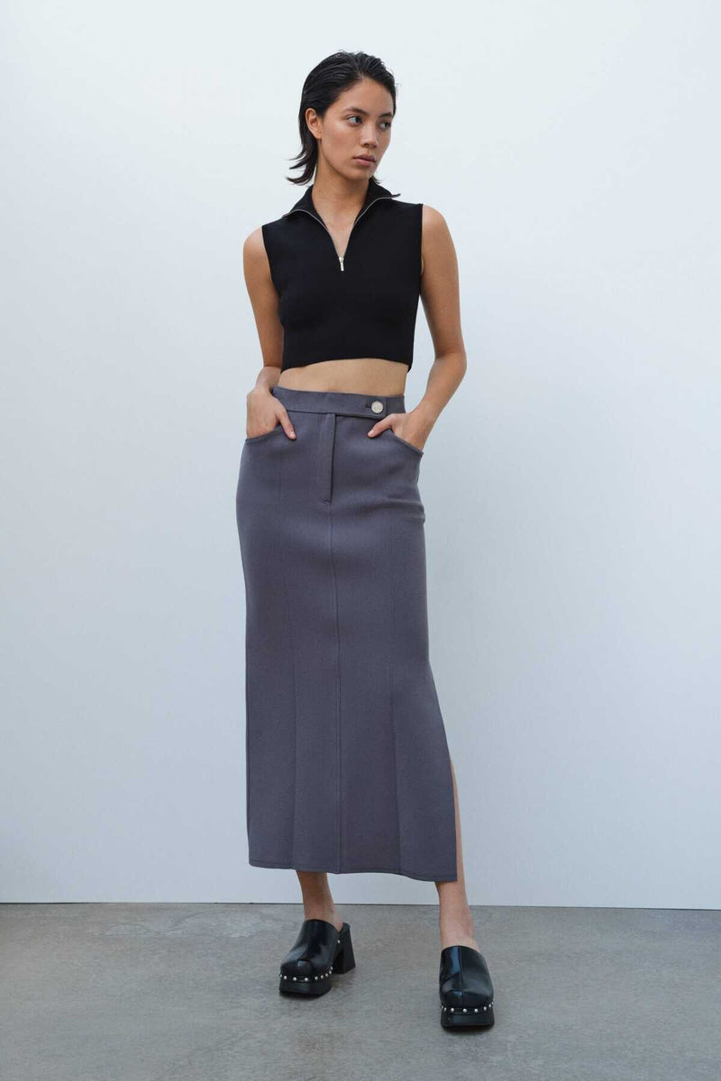 Anthracite Slit Detail Long Knit Skirt