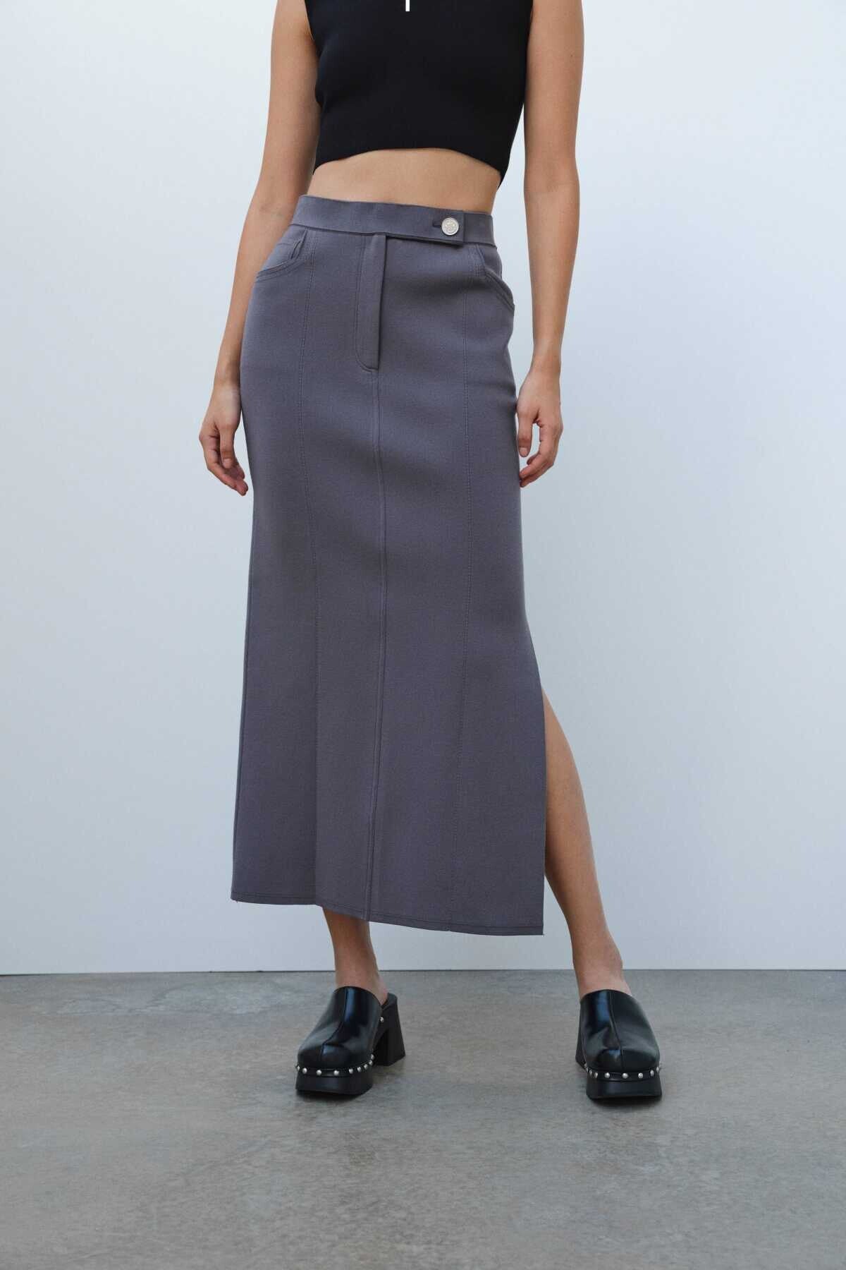 Anthracite Slit Detail Long Knit Skirt