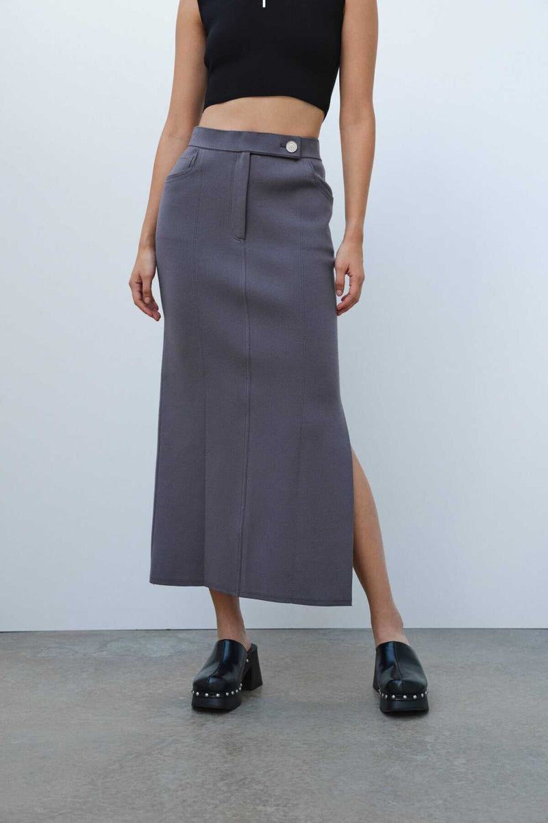 Anthracite Slit Detail Long Knit Skirt