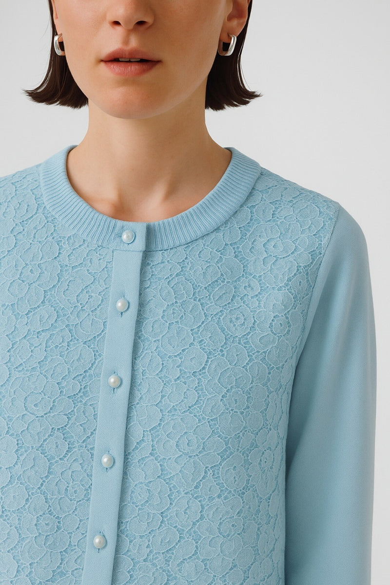 Baby Blue Lace Detail Buttoned Women's Cardigan