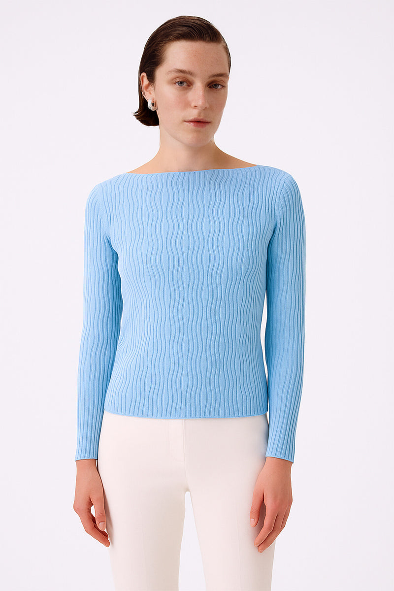 Baby Blue Boat Neck Patterned Women's Sweater