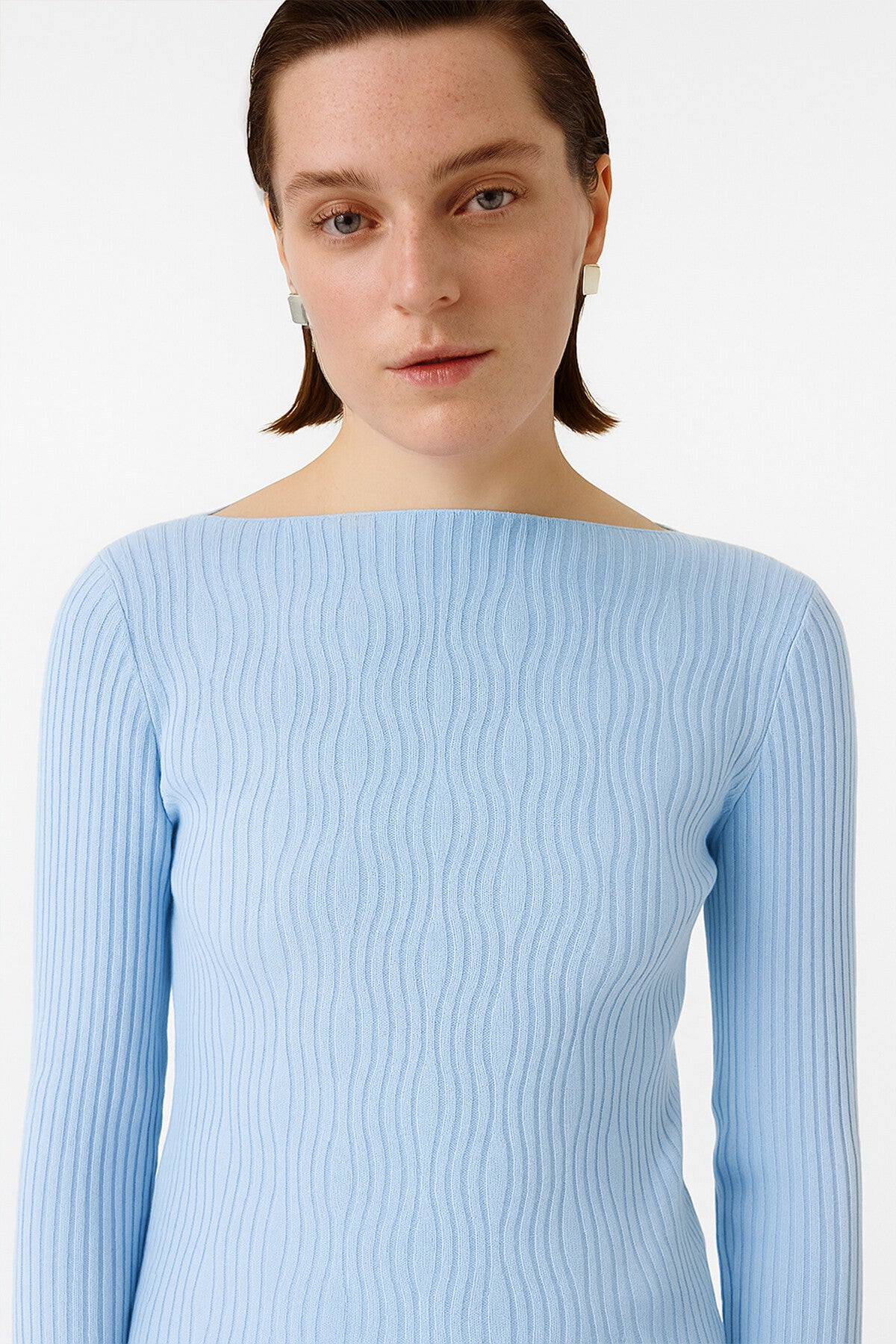 Baby Blue Boat Neck Patterned Women's Sweater