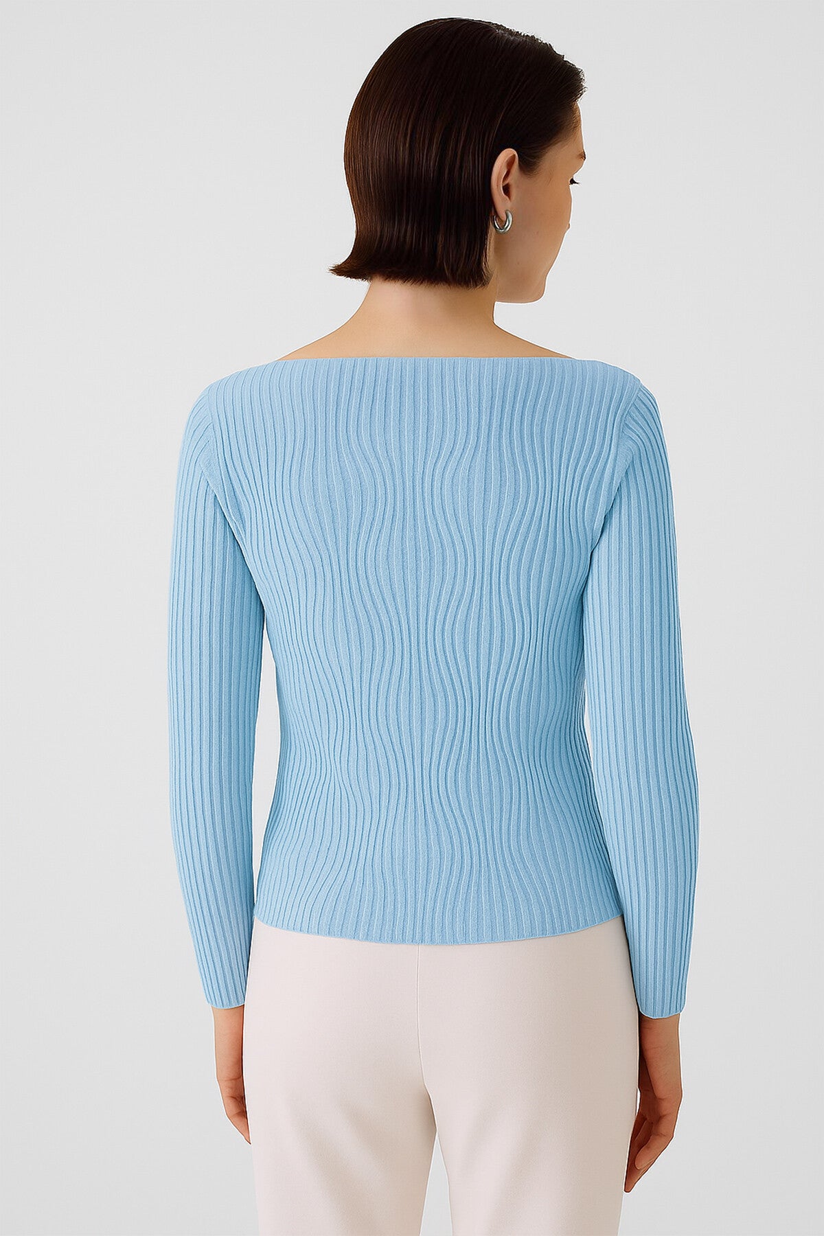 Baby Blue Boat Neck Patterned Women's Sweater