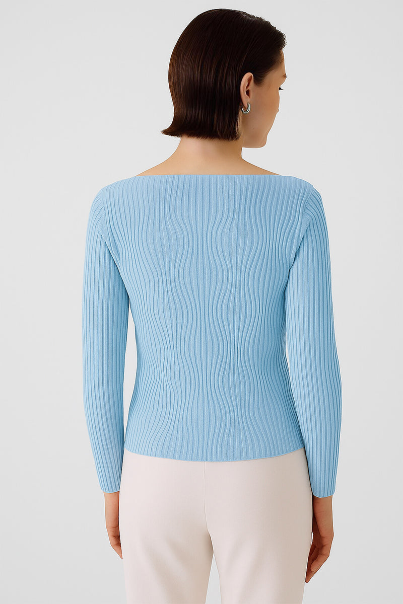 Baby Blue Boat Neck Patterned Women's Sweater