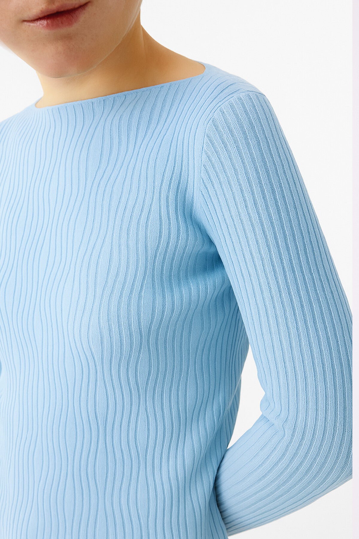 Baby Blue Boat Neck Patterned Women's Sweater