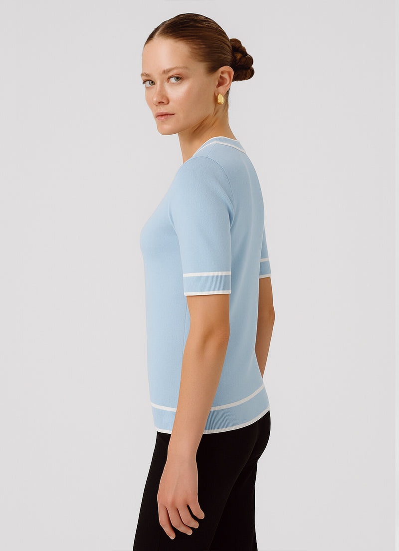 Baby Blue Round Neck Short Sleeve Women's Sweater