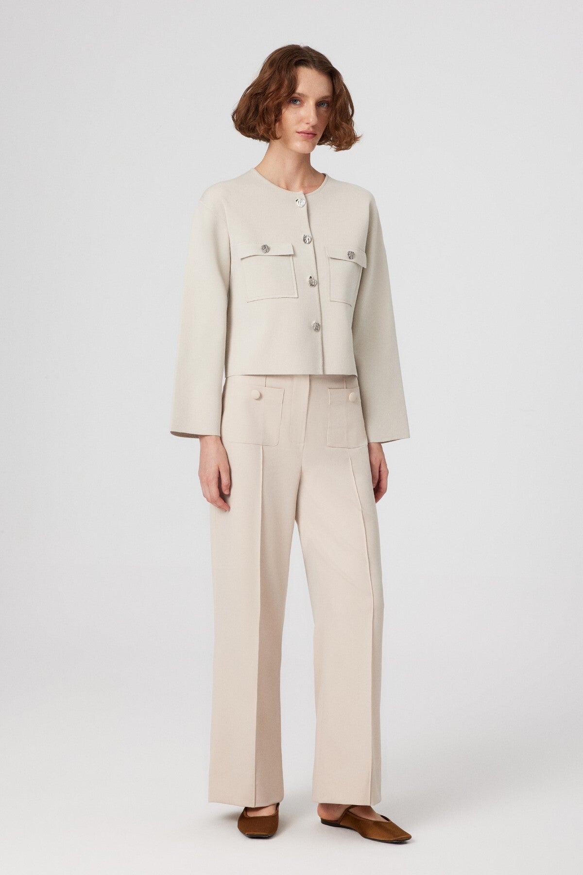 Beige Buttoned Pocket Detailed Short Women's Jacket