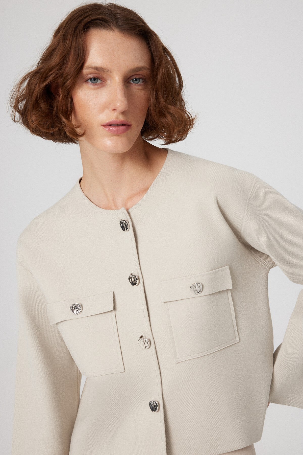 Beige Buttoned Pocket Detailed Short Women's Jacket