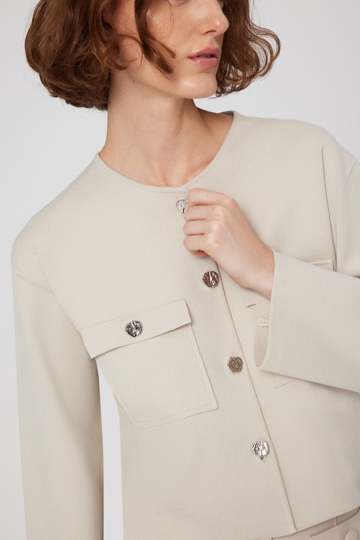 Beige Buttoned Pocket Detailed Short Women's Jacket