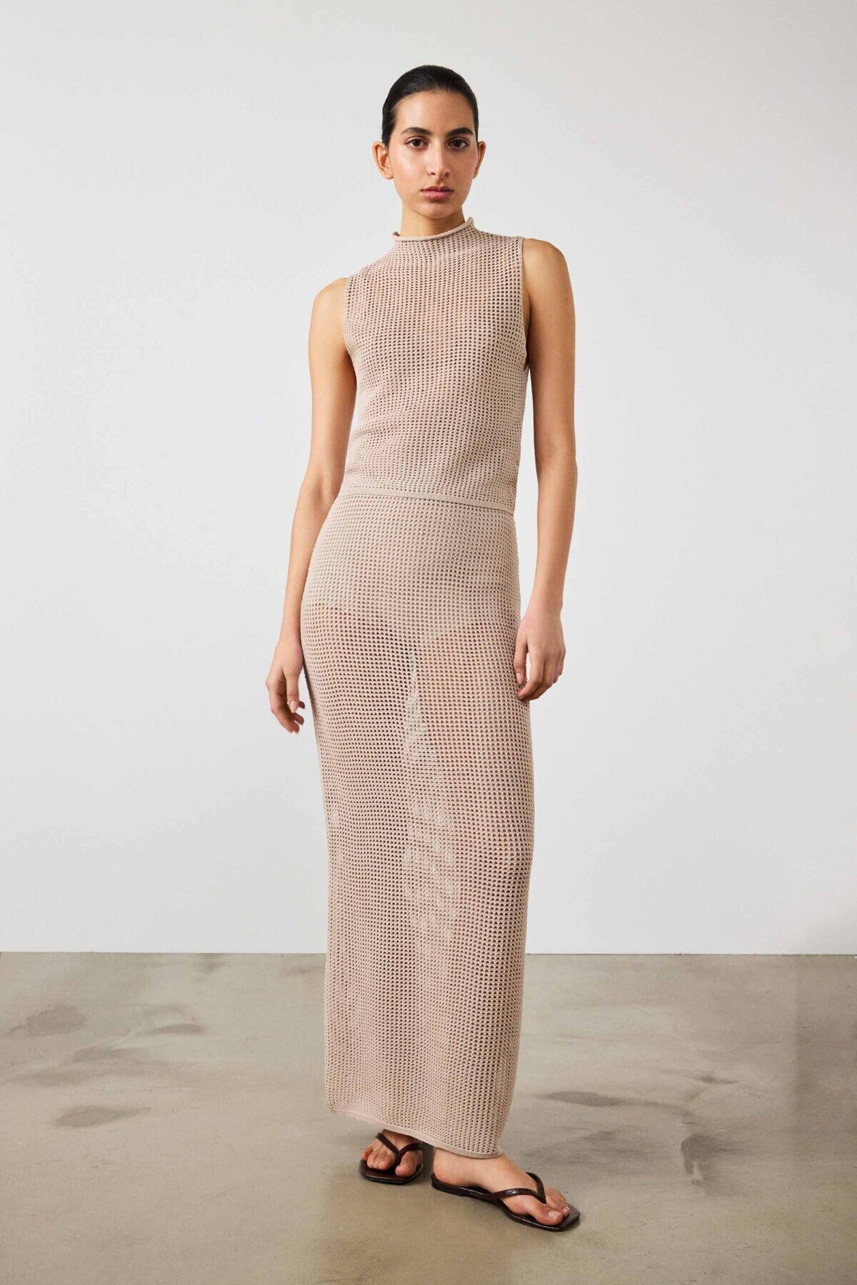 Beige Mesh Long Skirt