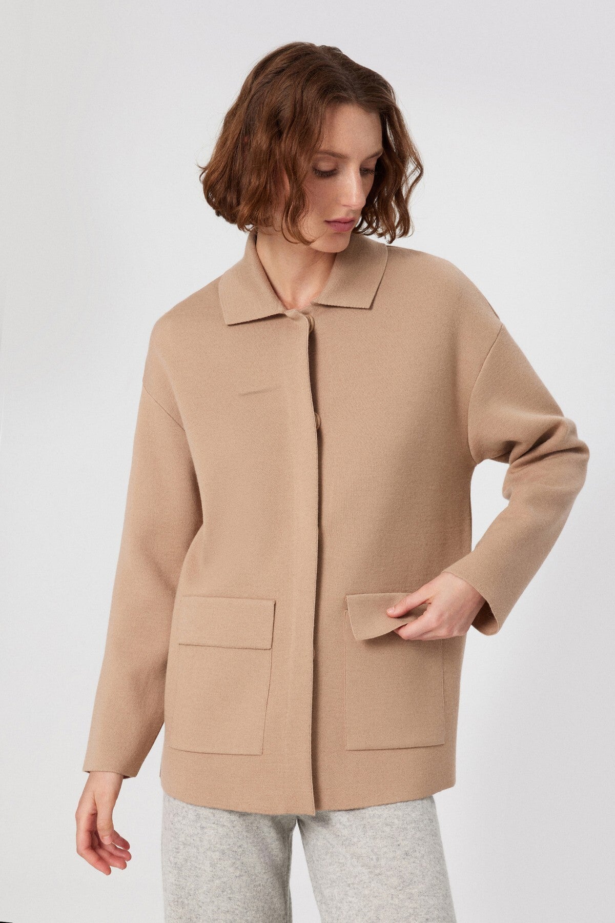 Beige Shirt Collar Pocket Detail Women's Jacket