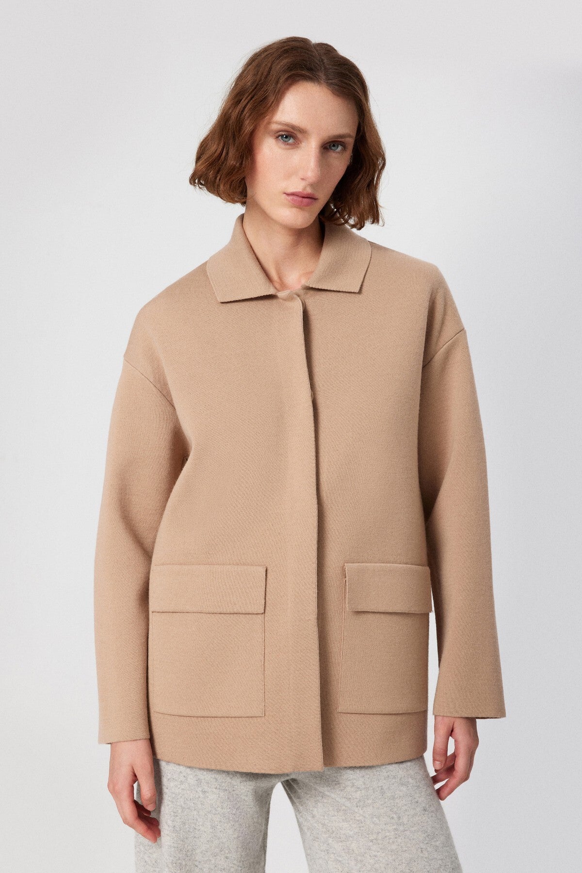 Beige Shirt Collar Pocket Detail Women's Jacket