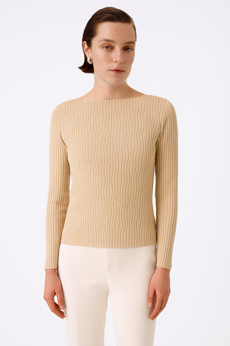 Beige Boat Neck Patterned Women's Sweater