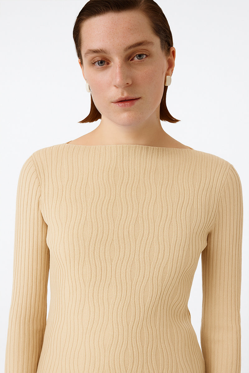 Beige Boat Neck Patterned Women's Sweater