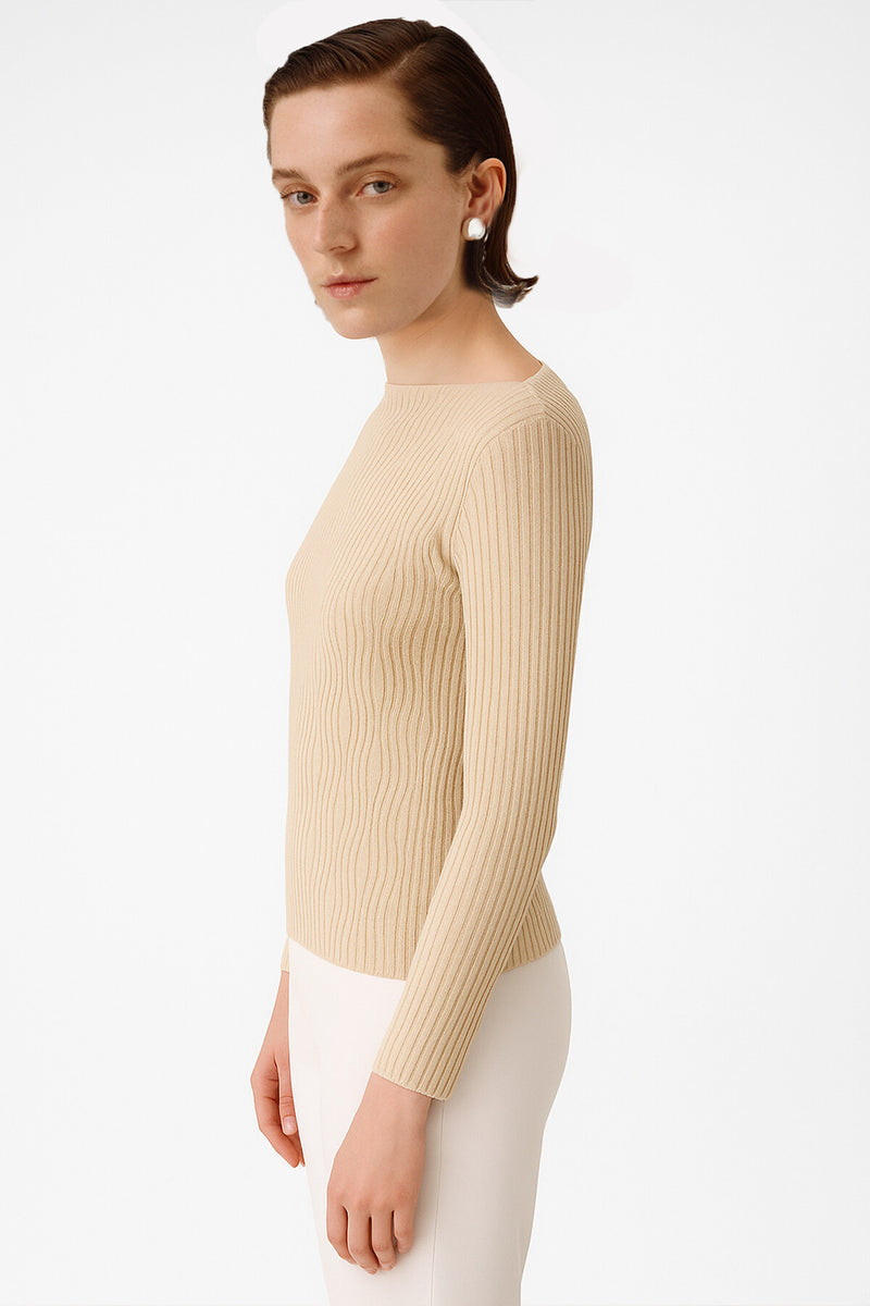 Beige Boat Neck Patterned Women's Sweater