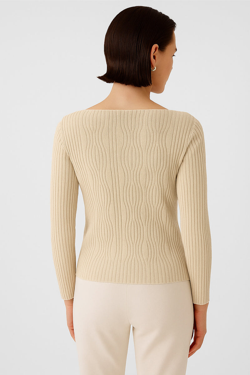 Beige Boat Neck Patterned Women's Sweater