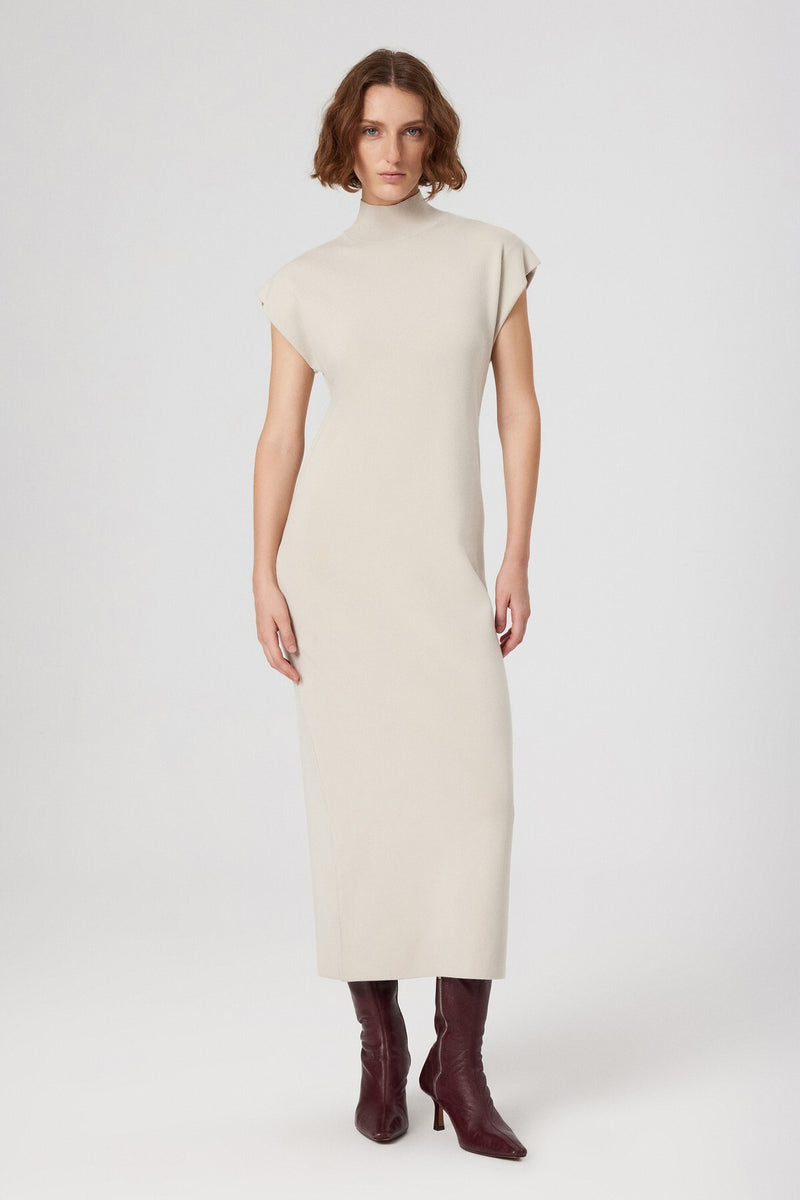 Beige V-Neck Fisherman's Collar Long Dress
