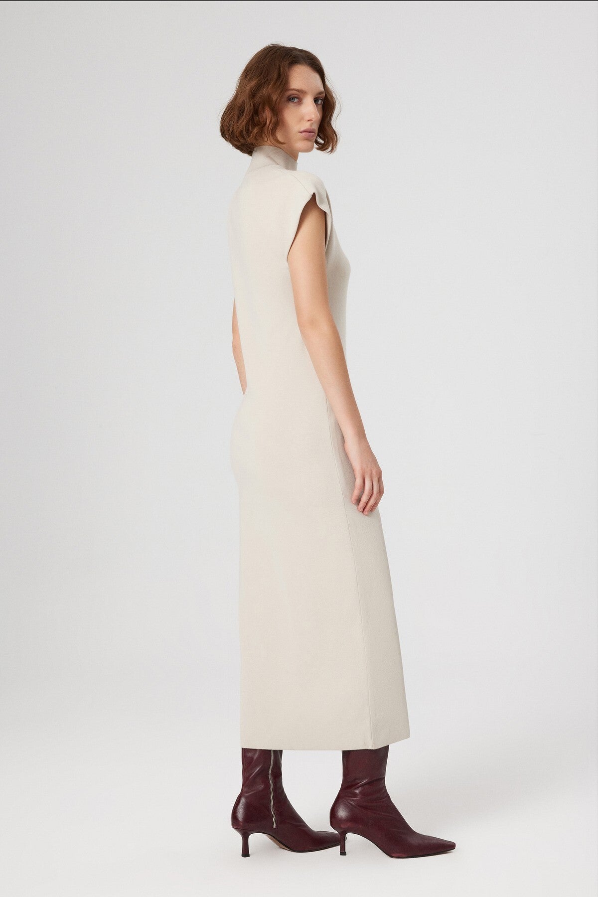 Beige V-Neck Fisherman's Collar Long Dress