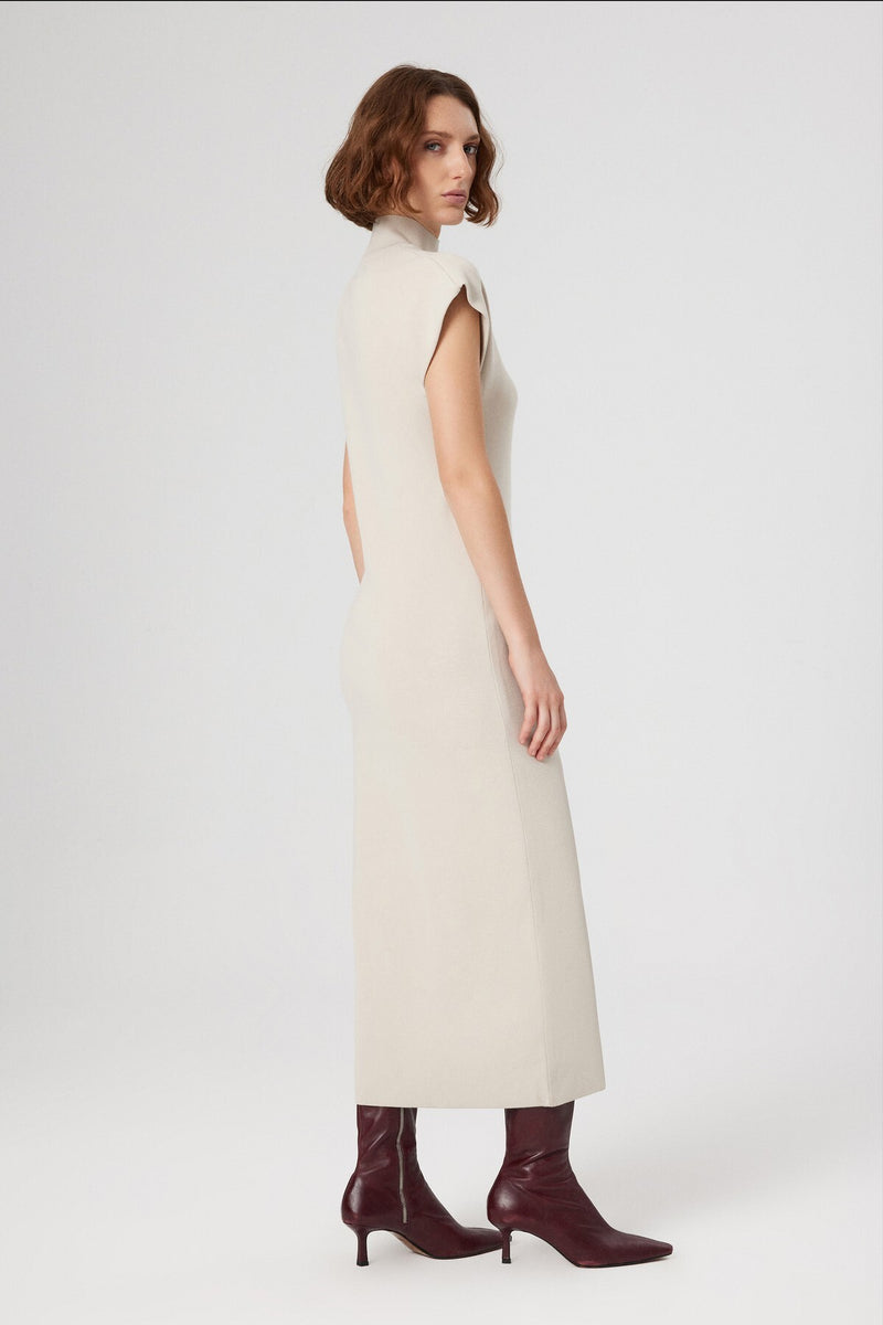 Beige V-Neck Fisherman's Collar Long Dress
