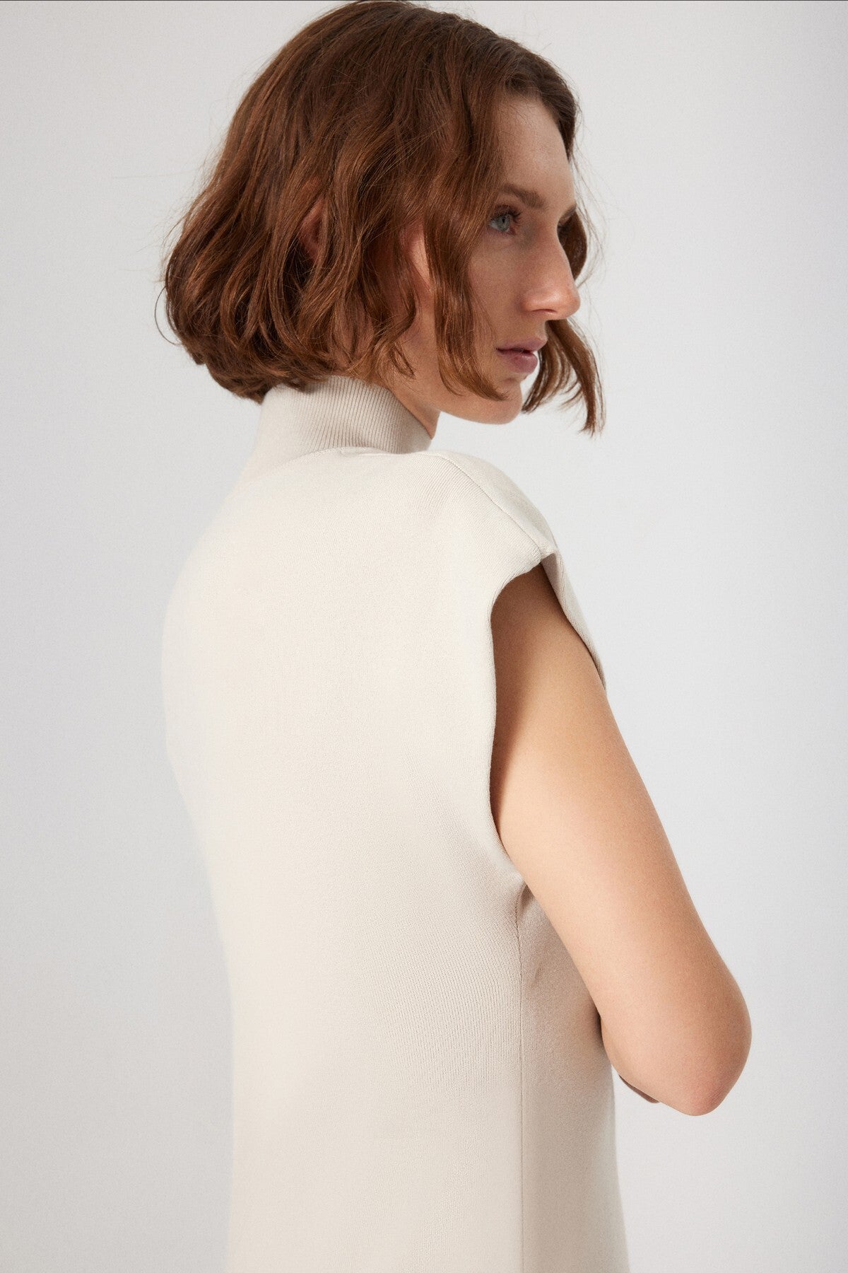 Beige V-Neck Fisherman's Collar Long Dress