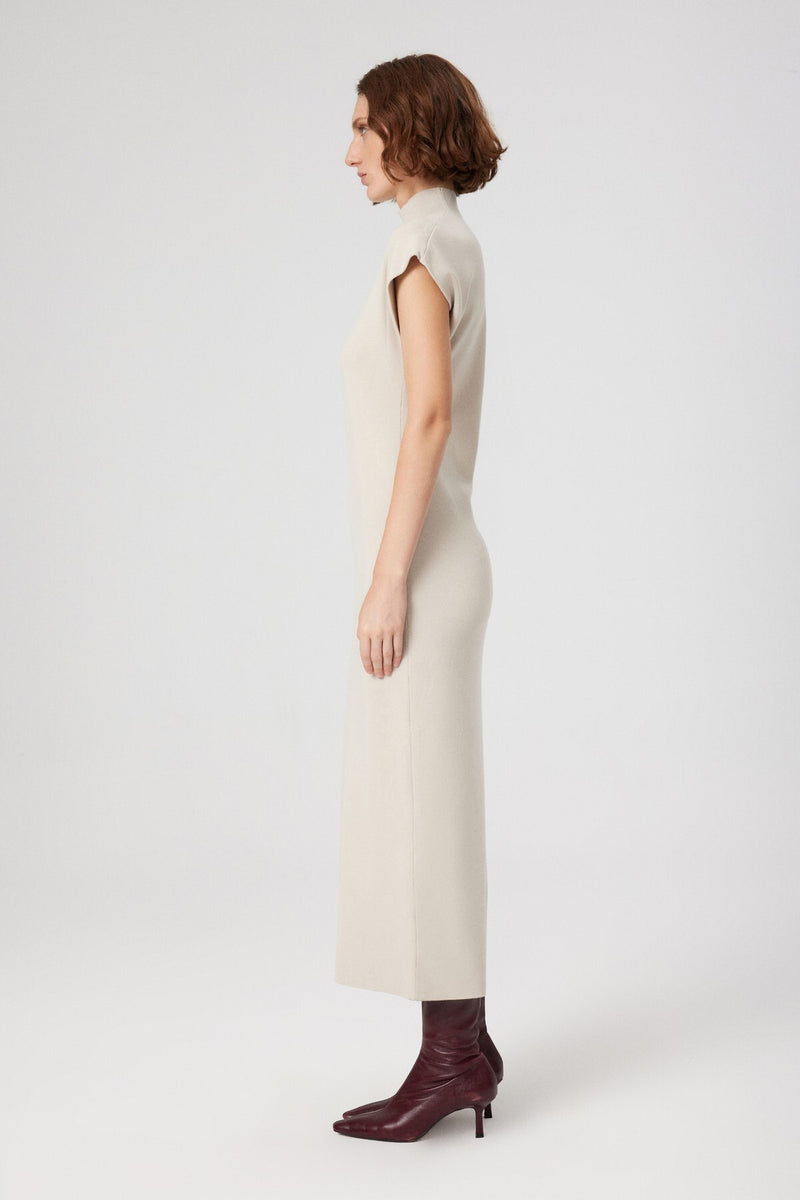 Beige V-Neck Fisherman's Collar Long Dress