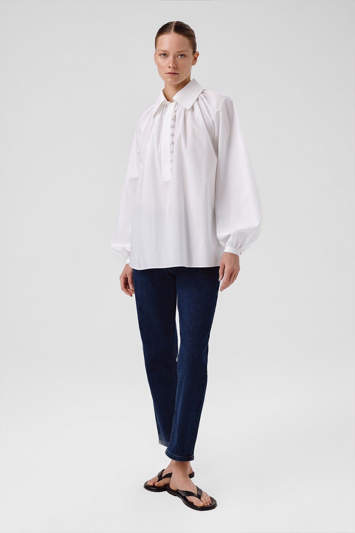 White Balloon Sleeve Button-Detail Blouse