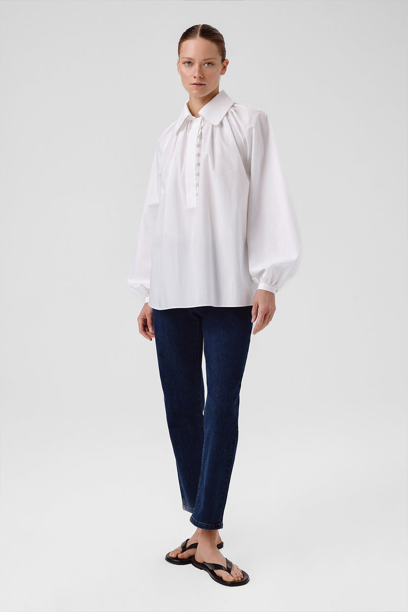 White Balloon Sleeve Button-Detail Blouse