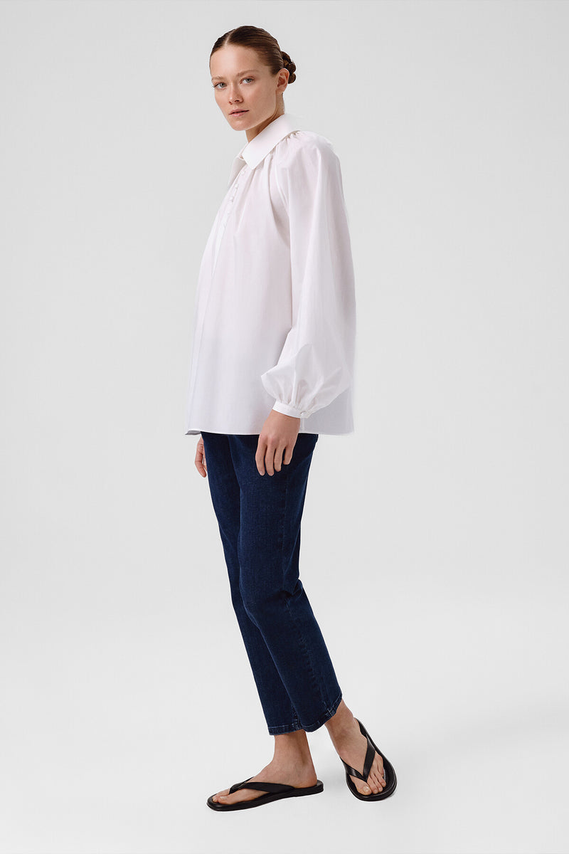 White Balloon Sleeve Button-Detail Blouse