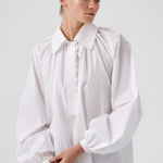 White Balloon Sleeve Button-Detail Blouse