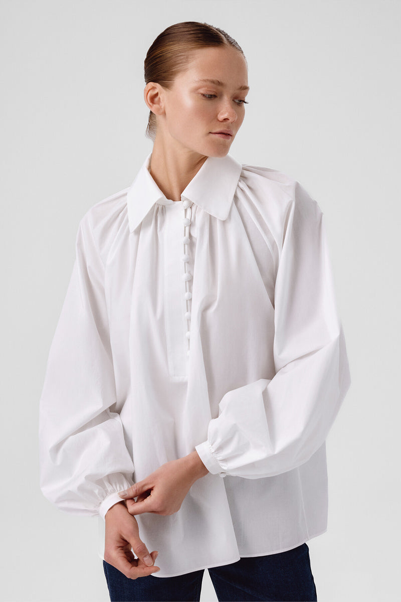White Balloon Sleeve Button-Detail Blouse