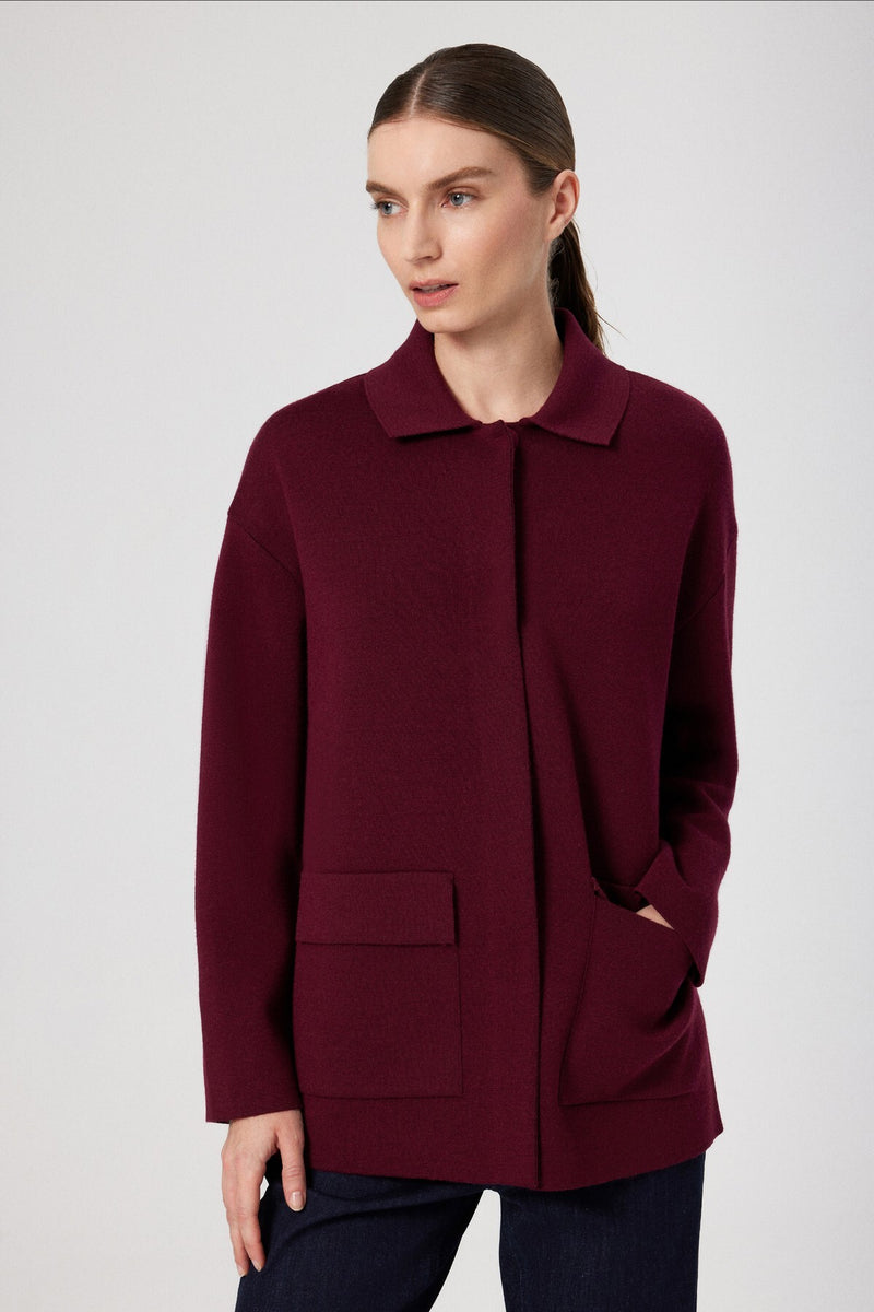 Burgundy Shirt Collar Pocket Detail Women's Jacket