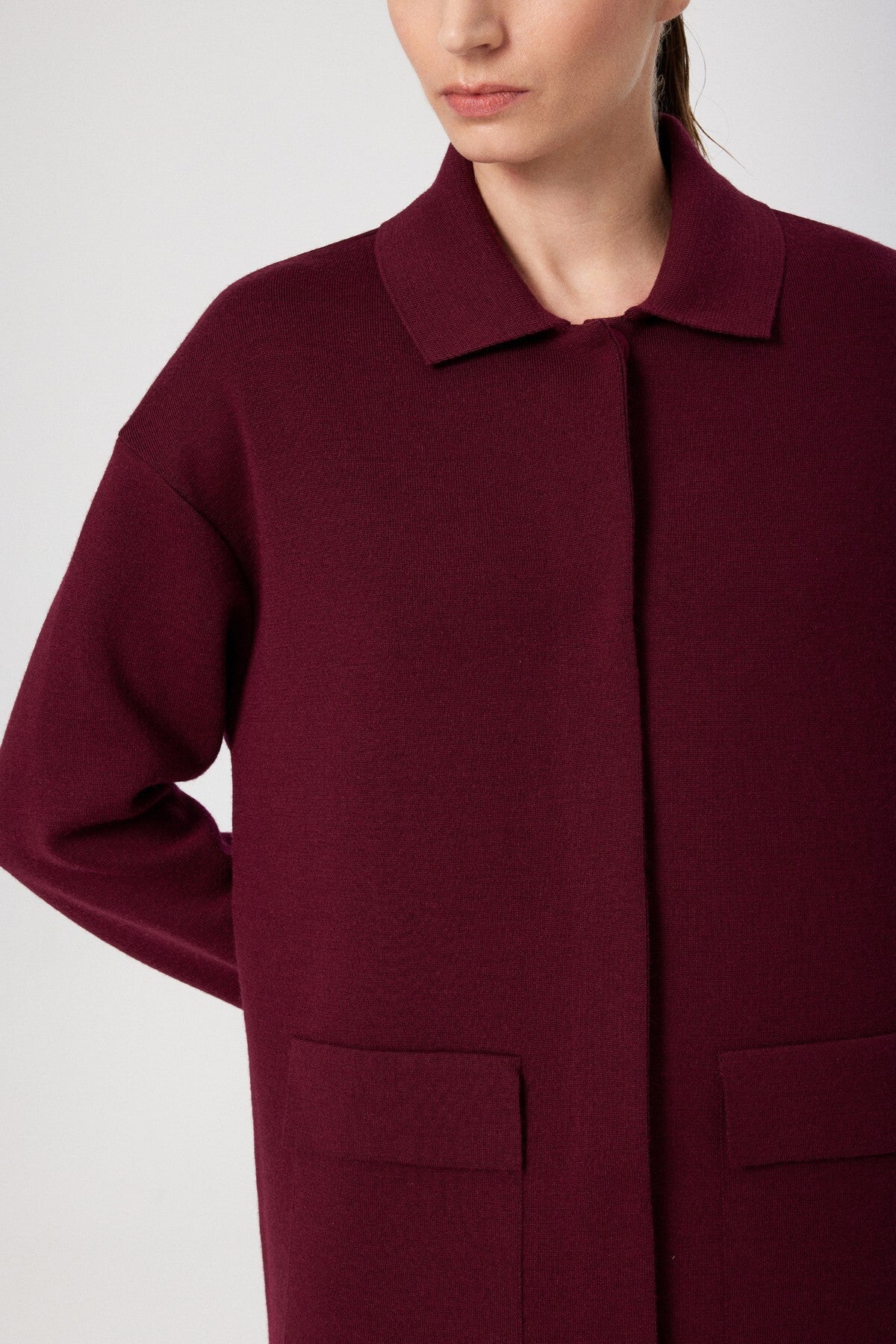 Burgundy Shirt Collar Pocket Detail Women's Jacket
