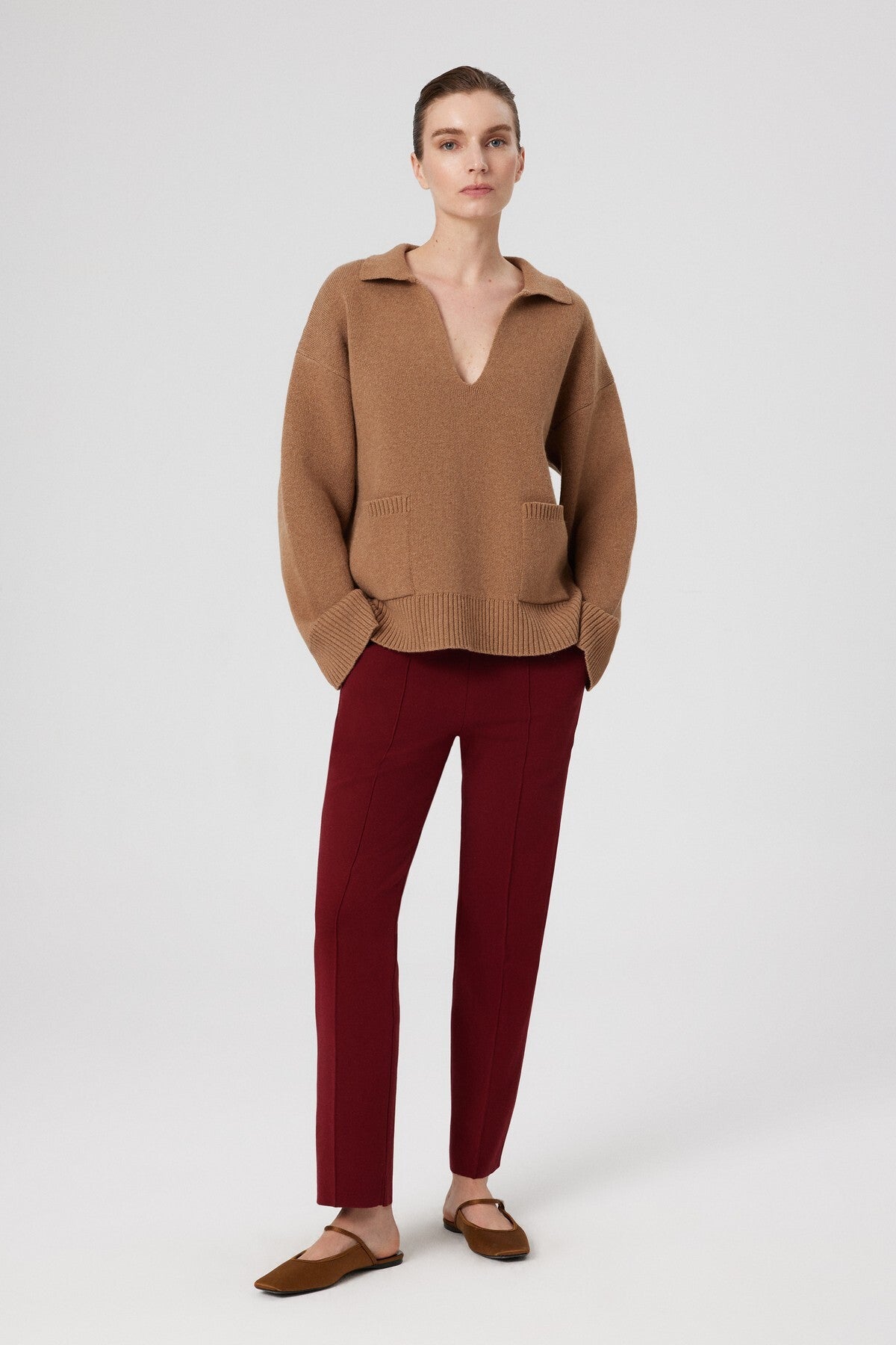 Burgundy Ribbed Stitch Pocket Detail Women's Pants