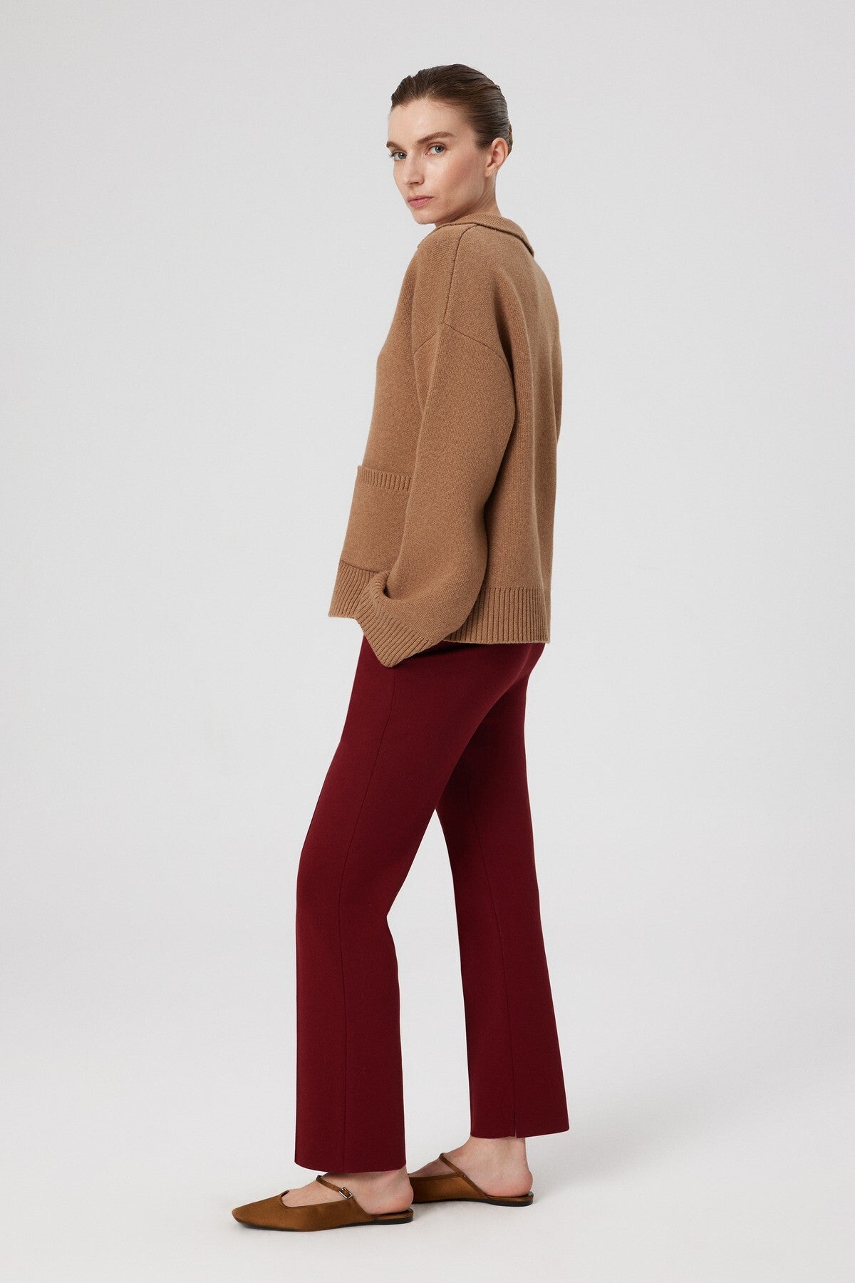 Burgundy Ribbed Stitch Pocket Detail Women's Pants