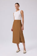 Camel Asymmetric Slit Midi Skirt