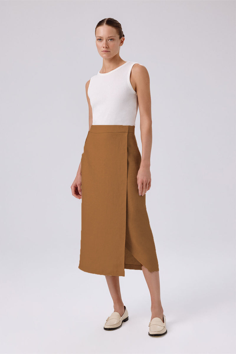 Camel Asymmetric Slit Midi Skirt