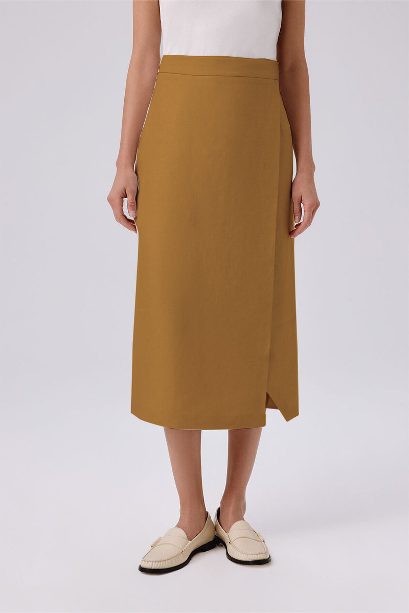 Camel Asymmetric Slit Midi Skirt