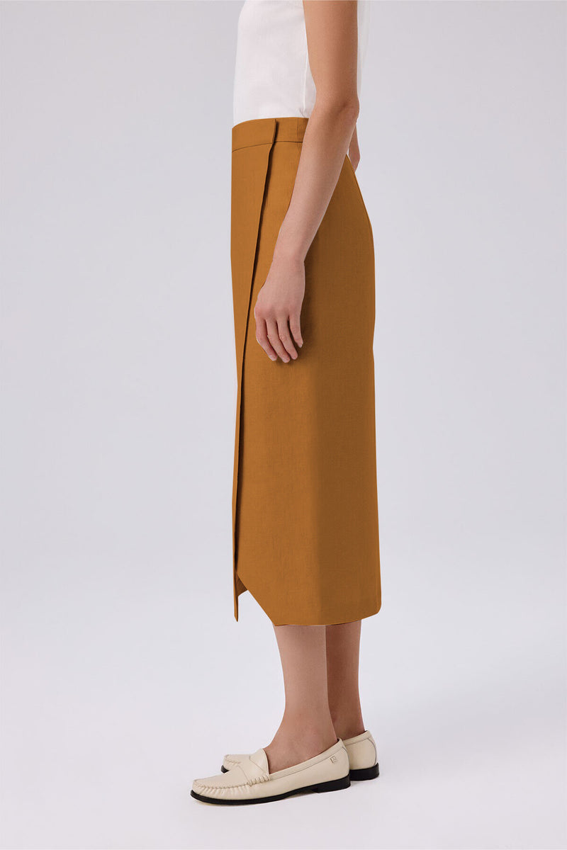 Camel Asymmetric Slit Midi Skirt